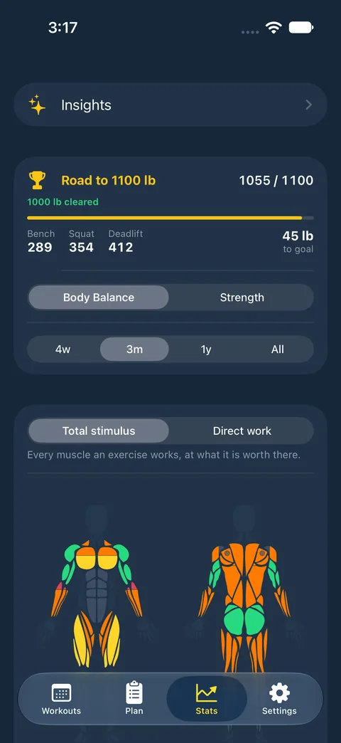 Body Balance on iPhone: front and back muscle maps, each muscle group shaded against its recommended range