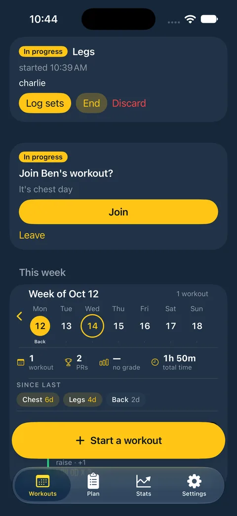 iPhone start-a-workout screen with a banner: a training partner started chest with you, and a Join button