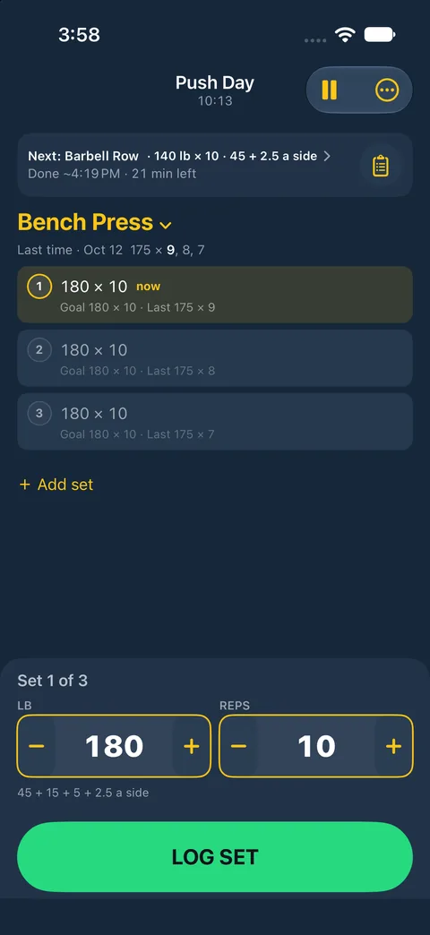 The iPhone log screen mid-set: Bench Press, set 1 of 3, goal 180 lb × 10, last time 175 × 9