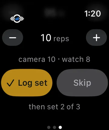 Apple Watch screen showing camera and watch rep counts agreeing on 10 reps, with Log set and Skip